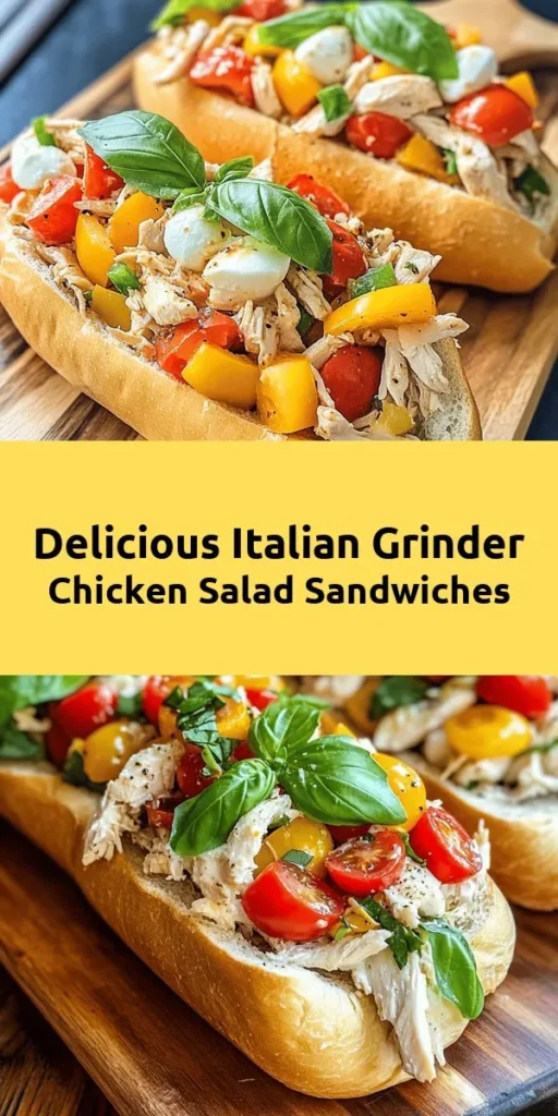 Discover the deliciousness of this Italian Grinder Chicken Salad! Perfect for lunch or a gathering, this recipe combines tender shredded chicken, vibrant bell peppers, zesty pepperoncini, and creamy mozzarella. Coated in a flavorful dressing, this salad is served in crunchy hoagie rolls for a satisfying meal. Quick to prepare and bursting with fresh flavors, it's a must-try for any chicken lover. Get ready to impress with this delightful dish!