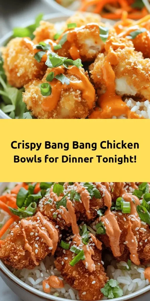 Get ready to dive into these mouthwatering Bang Bang Chicken Bowls! Perfectly crispy chicken coated in panko breadcrumbs is paired with fluffy jasmine rice, fresh cabbage, and vibrant carrots for a delicious meal. Drizzle with Bang Bang sauce and sprinkle with green onions and cilantro for the ultimate flavor explosion. Easy to make and sure to impress, this recipe is perfect for weeknight dinners or meal prep. Enjoy a bowl of happiness in every bite!