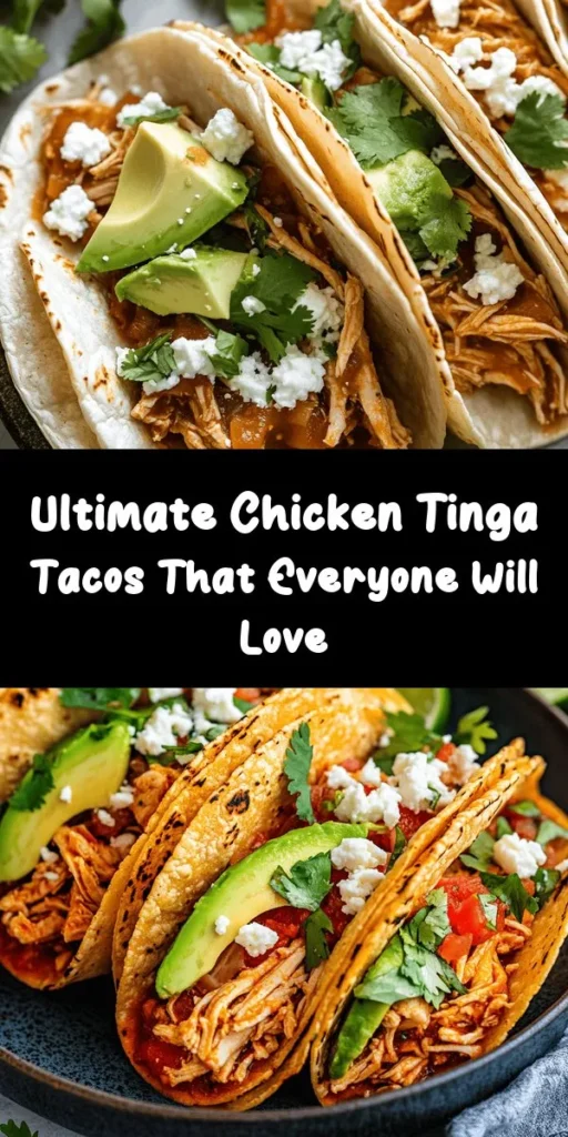 Discover the ultimate Chicken Tinga Tacos that are bursting with flavor and perfect for taco night! This recipe features tender chicken thighs cooked in a smoky chipotle sauce, combined with onions, tomatoes, and spices for a hearty filling. Serve in warm corn tortillas, topped with fresh cilantro, creamy avocado, and queso fresco for an extra touch. Ready in just 50 minutes, these tacos are sure to impress family and friends alike!