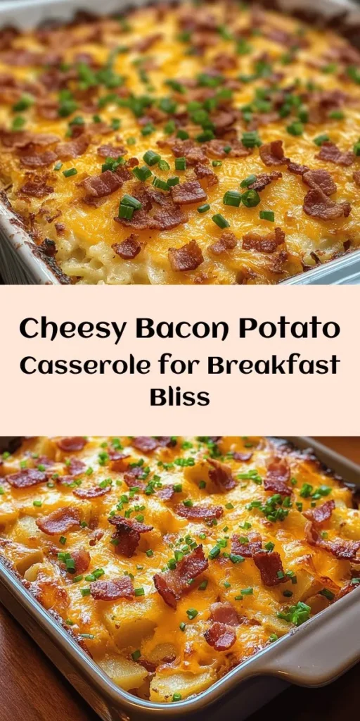 Start your morning off right with this Cheesy Bacon Potato Breakfast Casserole! Packed with crispy bacon, savory onions, and creamy cheddar cheese, this dish is the perfect blend of flavors. With just a few simple ingredients and easy preparation, you can whip up a hearty breakfast that serves up to 8 people. Perfect for brunch gatherings or meal prep, it’s sure to become a family favorite. Enjoy it hot, topped with fresh chives for that extra touch!