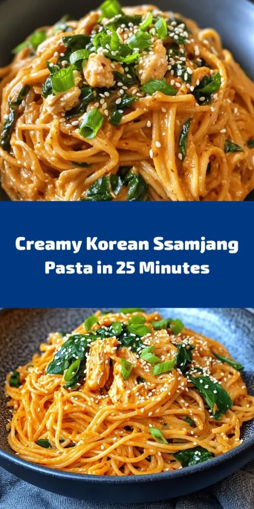 Indulge in a delicious fusion dish with this Creamy Korean Ssamjang Pasta. This easy recipe combines spaghetti with a rich sauce made from heavy cream and spicy ssamjang, creating an irresistible flavor. Toss in sautéed garlic, onion, fresh spinach, and optional shredded chicken for added protein. Finished with a sprinkle of parmesan, sesame seeds, and green onions, each bite is a unique blend of Korean and Italian cuisine. Perfect for a quick and satisfying meal!