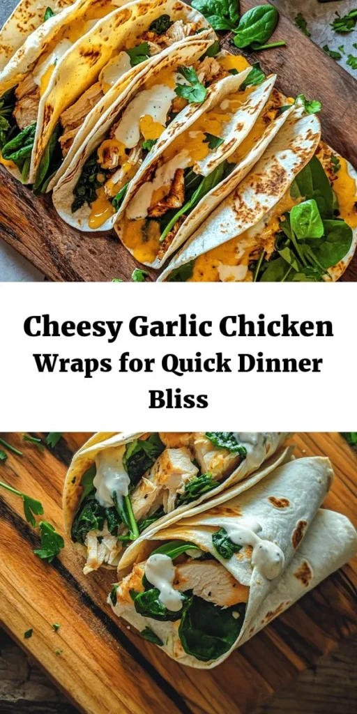 Get ready for a delicious dinner with these Cheesy Garlic Chicken Wraps! Packed with tender shredded chicken, gooey cheddar and mozzarella, and fresh spinach, these wraps are easy to make and perfect for any night. Simply sauté garlic, mix everything together, and wrap it all in a tortilla. Cook until crispy and golden for an irresistible crunch. Finish with a drizzle of ranch and a sprinkle of parsley for a meal the whole family will love!
