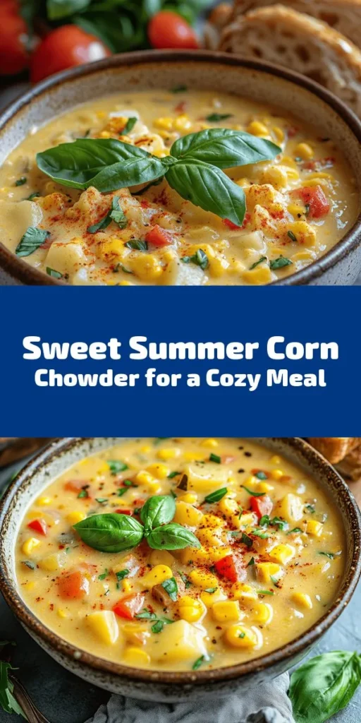 Dive into the flavors of summer with this Sweet Summer Corn Chowder! Made with fresh corn, creamy milk, and bursting with veggies like potatoes and bell peppers, this chowder is perfect for warm days. With hints of thyme and smoked paprika, every spoonful is a delight. Easy to prepare in just 40 minutes, it serves 6-8 and can be customized with optional bacon or ham. Garnish with fresh basil for a burst of flavor. Perfect comfort food for summer gatherings!