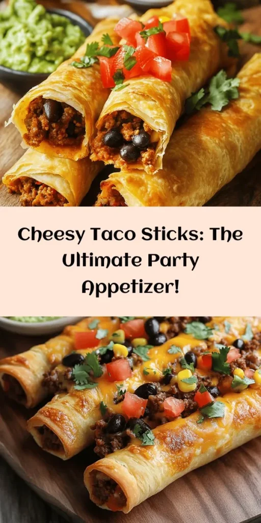 Discover the ultimate snack with these Cheesy Taco Sticks! Perfect for game day, movie nights, or any casual gathering, these delightful bites are filled with seasoned ground beef, black beans, corn, tomatoes, and cheesy goodness. Wrapped in golden crescent roll dough, they’re easy to make and even easier to enjoy. Serve with your favorite toppings like sour cream, guacamole, or salsa. Ready in just 30 minutes, they’re sure to be a hit!