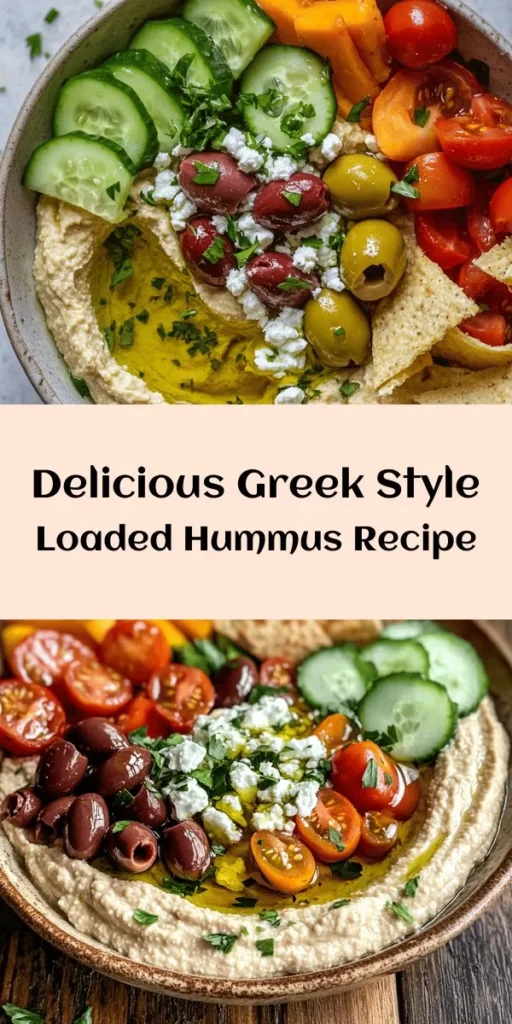 Elevate your appetizer game with this Greek Style Loaded Hummus! This vibrant dish combines creamy chickpea hummus topped with refreshing cucumber, juicy cherry tomatoes, tangy Kalamata olives, and crumbled feta. Perfect for sharing, it’s served with pita chips or fresh veggies for a delightful crunch. Easy to prepare in just 15 minutes, this healthy and delicious dip is sure to impress at your next gathering. Enjoy a taste of the Mediterranean right at home!
