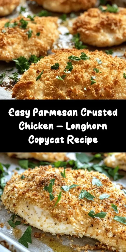 Recreate the flavorful Longhorn Parmesan Crusted Chicken at home with this easy copycat recipe! This dish features tender chicken breasts coated in a crispy mix of Parmesan cheese and breadcrumbs, perfectly seasoned with garlic and herbs. It's simple to make and baked to golden perfection, ensuring a juicy inside. Serve it with your favorite sides, and enjoy a delicious meal that everyone will love. Get ready to impress family and friends with this delightful dish!