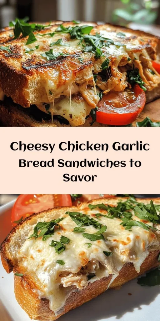Indulge in the ultimate comfort food with this Cheesy Chicken Garlic Bread Sandwich! Perfect for a quick weeknight dinner or a cozy weekend treat, this recipe combines shredded chicken, gooey mozzarella, and zesty garlic for a mouthwatering filling, all nestled between buttery, toasted bread. Add in fresh tomatoes and spinach for an extra burst of flavor and nutrition. Easy to make in just 30 minutes, it's sure to be a family favorite!