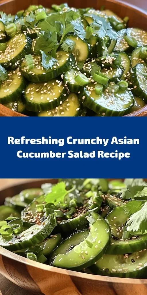 Looking for a refreshing dish? Try this Crunchy Asian Cucumber Salad! This vibrant salad features thinly sliced cucumbers tossed in a zesty dressing made with rice vinegar, soy sauce, sesame oil, and a hint of sweetness from honey or maple syrup. Brightened with fresh ginger, garlic, and a kick of red pepper flakes, it's topped with green onions and sesame seeds for added crunch. Perfect as a side or a light snack, this salad is both delicious and nutritious! Enjoy it right away or let it chill for the flavors to meld.