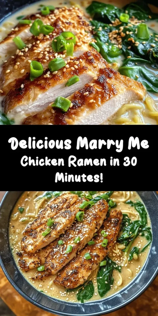 Treat yourself to a delightful bowl of Marry Me Chicken Ramen! This creamy, savory dish features tender chicken breasts cooked in a rich garlic sauce, combined with ramen noodles, fresh baby spinach, and a touch of Parmesan. Perfect for a cozy dinner, it’s ready in just 30 minutes. Top it off with green onions and sesame seeds for that extra flair! Ideal for impressing that special someone or satisfying your own cravings. Enjoy a taste of love in every bite!