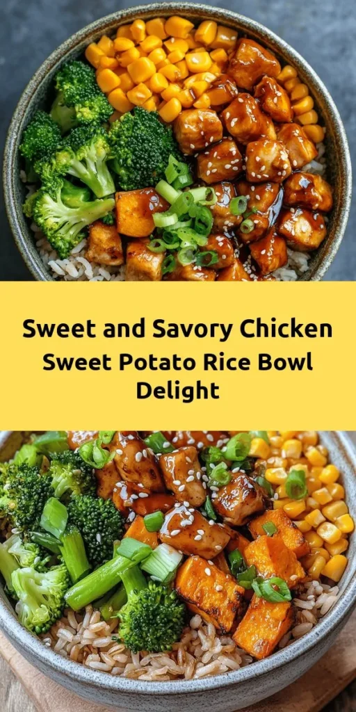 Indulge in this Sweet and Savory Chicken & Sweet Potato Rice Bowl that's perfect for any meal! Packed with nutritious ingredients like brown rice, tender chicken, sweet potatoes, broccoli, and corn, this dish is both hearty and healthy. The flavorful sauce of soy, honey, and rice vinegar ties it all together beautifully. Quick to prepare in just about an hour, this recipe serves four and is sure to be a hit at your dinner table! Enjoy a balanced meal that's delicious and satisfying.