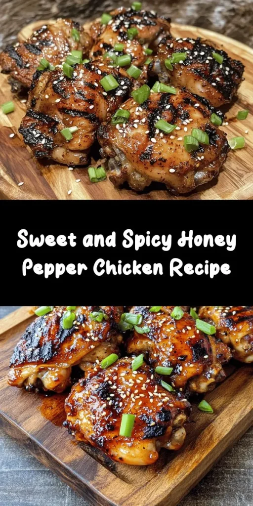 Savor the perfect blend of sweet and spicy with this delicious Honey Pepper Chicken recipe! Marinated in a mouthwatering mixture of honey, soy sauce, and sriracha, this dish is packed with flavor. Whether you grill or bake, each bite is sure to impress. Serve it with steamed rice or a fresh vegetable stir-fry for a complete meal. Easy to prepare and perfect for any occasion, this Honey Pepper Chicken is your new go-to recipe for family dinners or gatherings!