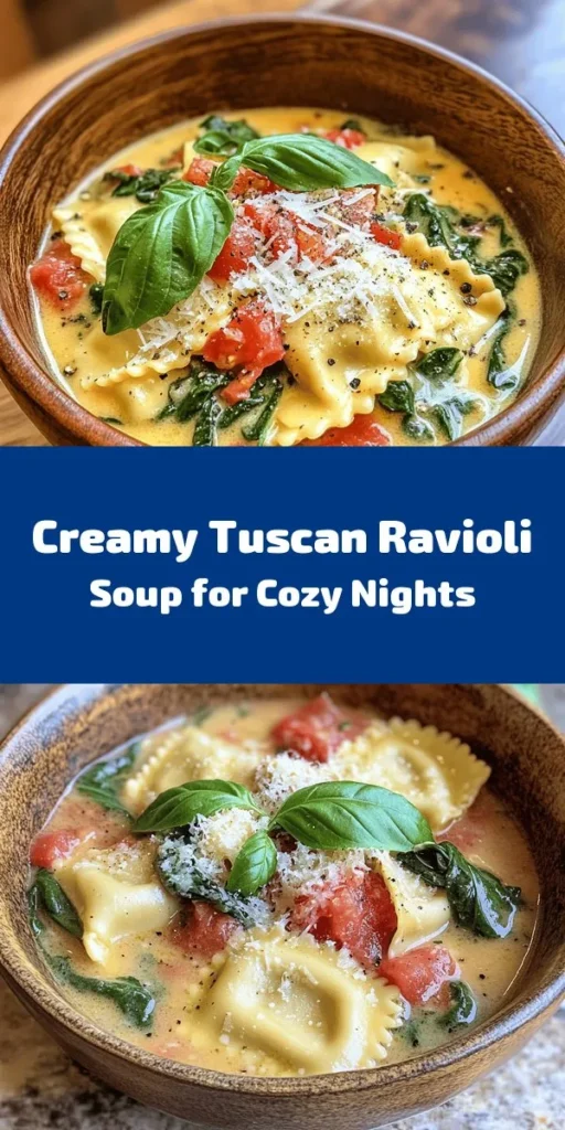 Warm up with this creamy Tuscan ravioli soup, perfect for chilly nights! Packed with flavors from sautéed onions, garlic, and tender cheese ravioli, this comforting dish comes together in just 30 minutes. It’s enriched with heavy cream and fresh spinach, creating a cozy meal that's sure to please. Top it off with grated Parmesan and fresh basil for an extra touch. Ideal for weeknight dinners or serving guests. Enjoy a bowl of goodness!