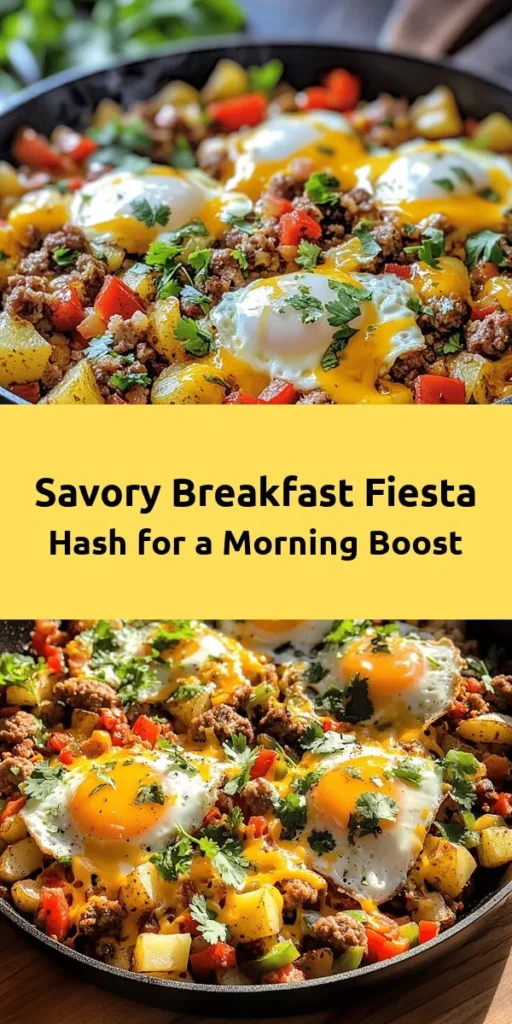 Start your day with a delicious Breakfast Fiesta Hash! This vibrant dish combines crispy diced potatoes, sautéed onions and colorful bell peppers, and flavorful breakfast sausage or chorizo. Topped with perfectly cooked eggs and melted cheddar cheese, it's a hearty and satisfying meal. Garnish with cilantro or green onions and a splash of hot sauce for an extra kick. Perfect for brunch or a cozy breakfast at home! Enjoy this easy, flavorful recipe with family or friends.