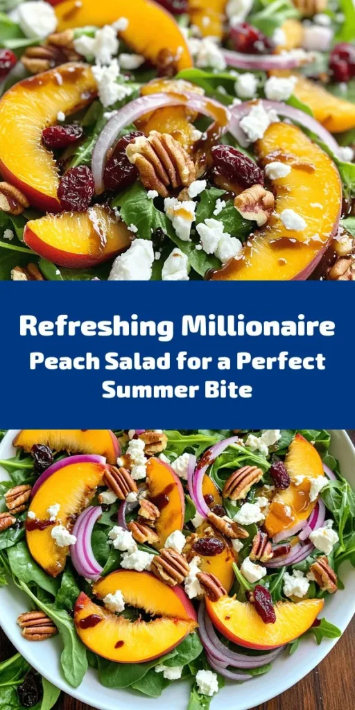 Brighten up your meal with this refreshing Millionaire Peach Salad! Packed with juicy peaches, crisp baby spinach, and peppery arugula, this salad is a delightful mix of flavors. Enjoy the creamy feta, crunchy toasted pecans, and sweet dried cranberries all topped with a homemade balsamic vinaigrette. Perfect for a light lunch or a side dish at dinner, it’s quick to prepare and guaranteed to impress. Dive into this vibrant, wholesome dish!