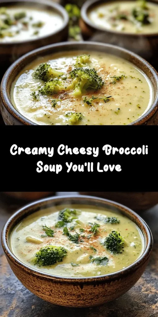 Warm up with a bowl of Cheesy Broccoli Bliss Soup! This creamy, flavorful soup combines fresh broccoli with sautéed onions and garlic, thickened with a rich roux, and enriched with sharp cheddar cheese. Perfect for chilly days, it’s easy to make and can be customized for a smooth or chunky texture. Serve with crusty bread for dipping and enjoy a comforting meal that’s sure to please everyone. Try this delightful recipe today! 🥦🧀