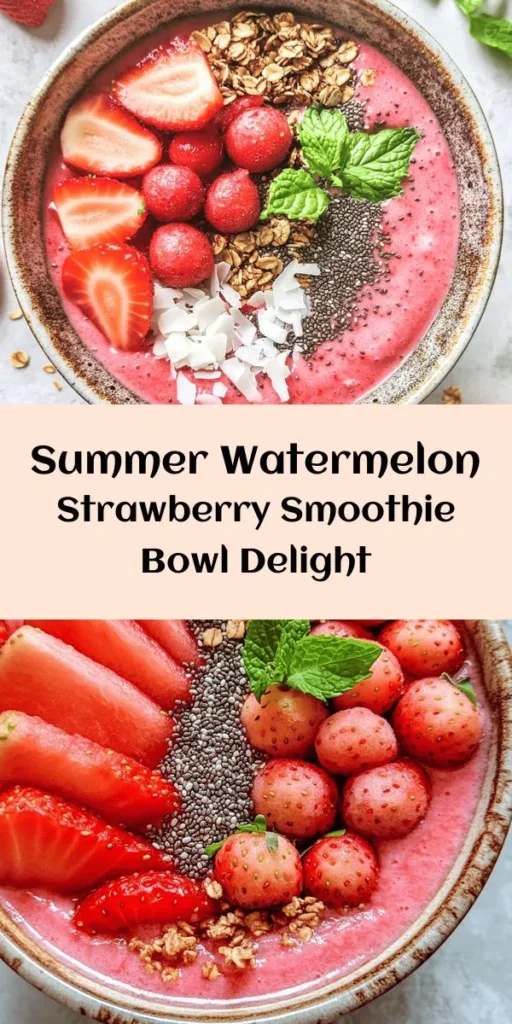 Dive into this refreshing watermelon and strawberry smoothie bowl that's perfect for warm days! Made with fresh fruit, creamy Greek yogurt, and a touch of honey, this recipe is not only delicious but also healthy. Blend together watermelon, strawberries, frozen banana, and coconut water for a creamy base, then top with sliced fruit, granola, and coconut for added texture. Ready in just 10 minutes, it's a quick and satisfying treat to enjoy any time!