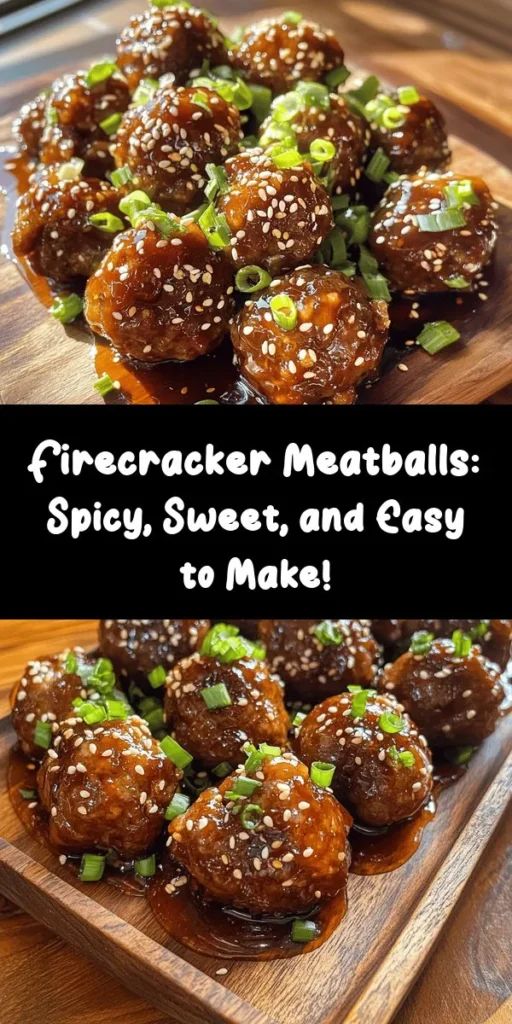 Spice up your dinner with these Easy Firecracker Meatballs! Made with juicy ground beef or turkey, garlic, ginger, and green onions, these flavorful meatballs are baked to perfection. Toss them in a sweet and spicy sauce made with soy sauce, hoisin, and sriracha for a burst of flavor. Perfect as an appetizer or served over rice, this recipe is quick, delicious, and sure to impress. Get ready for a tasty treat!