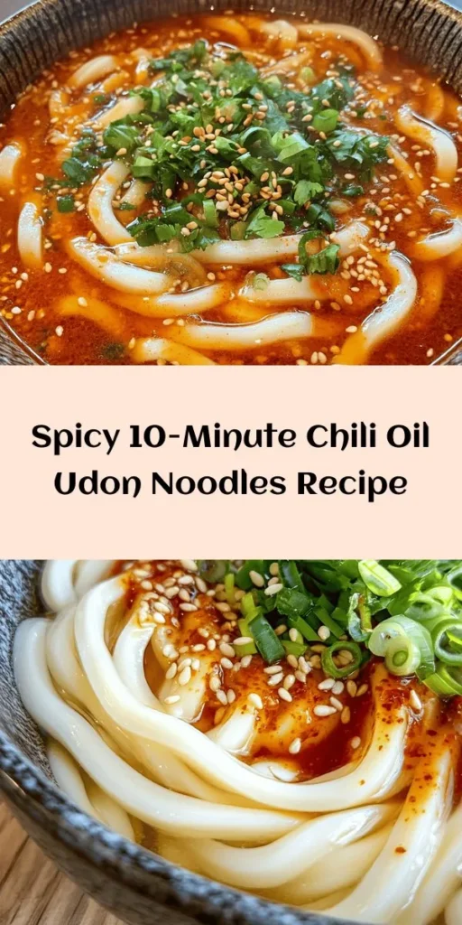 Whip up a delicious meal in just 10 minutes with these Chili Oil Udon Noodles! This easy recipe features fresh udon noodles tossed in a zesty sauce made from chili oil, garlic, and savory soy sauce. Customize it with your choice of protein, and finish it with green onions, sesame seeds, and optional cilantro for extra flavor. Perfect for a quick lunch or dinner that packs a punch! Try this vibrant dish and enjoy a taste of comfort!